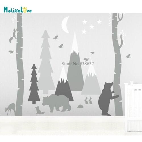 Woodland Birch Tree Animals Nursery Baby Room Playroom Decal Wall Sticker Removable Vinyl Forest Mountains Decor BB839
