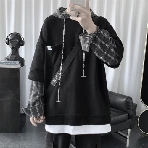 QNPQYX Autumn New Streetwear Fake Two-piece Hooded Sweater Mens Trendy Brand Loose Round Neck Long Sleeve Stitching Plaid Jacket