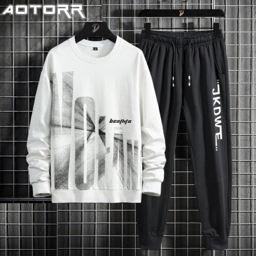 2021 Spring Autumn New Mens Casual Sportswear Fashion Printed Sweatshirt Long Sleeved Tops Trousers Harajuku Set Men Clothing