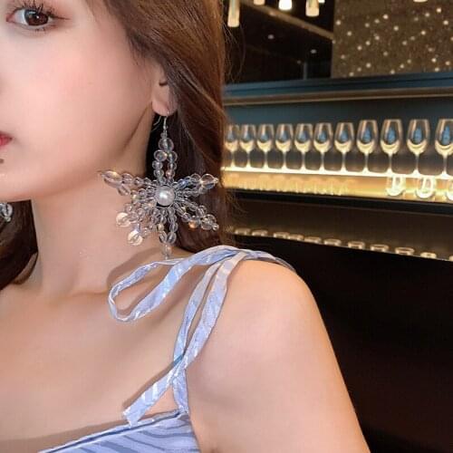 Kpop New Flower Crystal Big Pendant Earrings Trendy For Woman Korean Fashion Statement Summer Shiny Earrings Female Wedding Gift