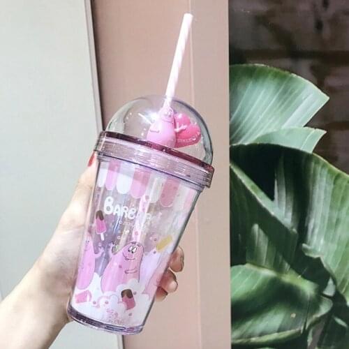 Portable Lovely Cartoon Mug Creative Double Layer Plastic Water Bottle With Straw Yogurt Mug Best Cup Kid Gift For Women Lovers