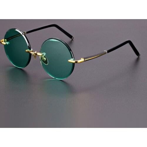 Luxury Rimless Glass Round Sunglasses Man Natural Crystal Stone Green Sun Glasses Woman Vintage Driver Shade Goggles UV400