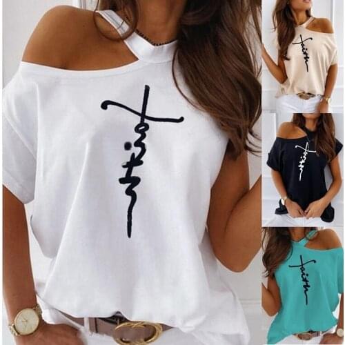 Womens Plus Size One Shoulder T-shirt Letter Print Short Sleeve Off-the-shoulder Plus Size Loose Sexy T-shirt Women