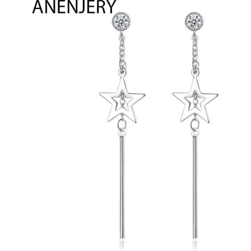 ANENJERY 925 Sterling Silver Simple Earrings Star Zircon Tassel Chain Earrings For Women Girl Jewelry Gift S-E878