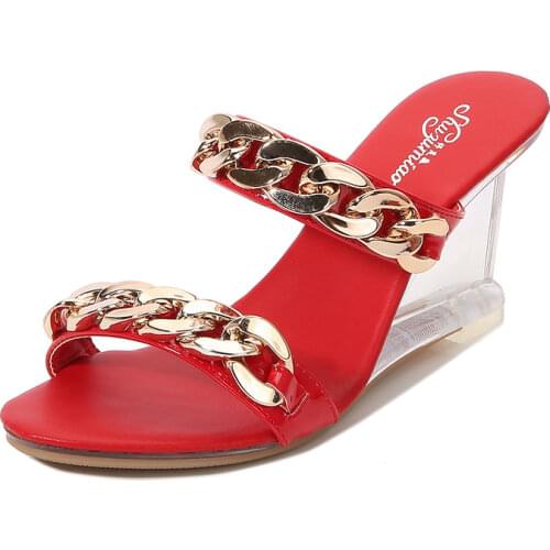 Mclubgirl Wedge Heel Slippers Women Summer Shallow Mouth Womens Shoes Fashion Chain Simple Transparent Heel Crystal Shoes LFD