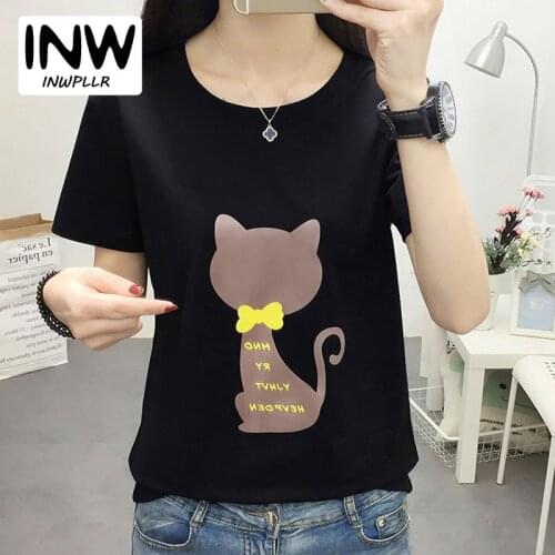 Womens Tops Tees Cat Print T-shirt Funny O-Neck Short Sleeve T Shirt 2019 Fashion Tshirts Femme Ladies Tshirt Plus Size Poleras