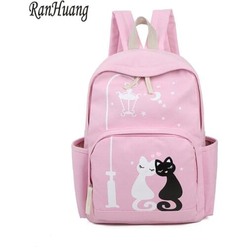 RanHuang Women Canvas Backpack Cute Cat Printing Backpack School Bags For Teenage Girls Womens Casual Backpack Rucksacks