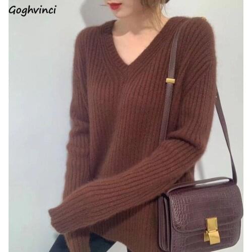 Women Sweaters Pullovers Plus Size 3XL V-neck Comfortable Warm All-match Loose Ribbed Basic Simple Jumpers Temperamental Chic