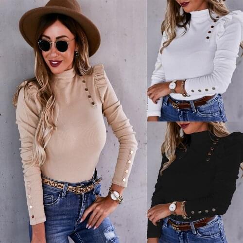 Ladies autumn and winter 2021 bottom top new flounces solid color high collar slim slim temperament nail button all-match top