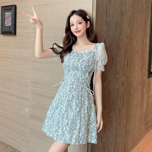 Summer Women New Korean Chiffon Stitching Fashion Square Neck Short Sleeve Dress Waist Thin Lace Print Floral Short Dress Female