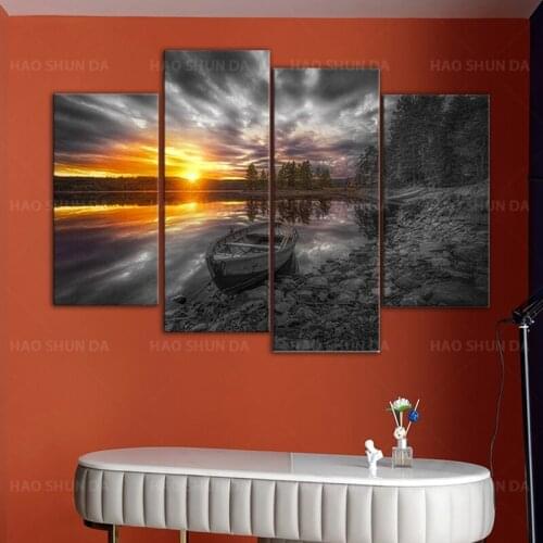 4 Piece Modern Lake Landscape Painting Wall Art Boat Sunrise Canvas Picture Prints Black White Gold Painting for Home Living Roo