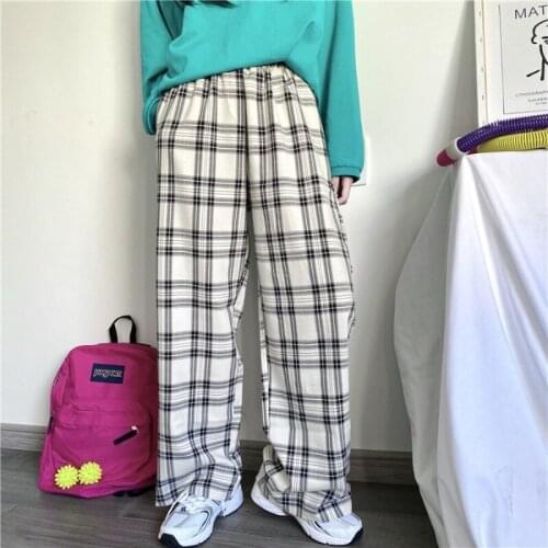 GOOHOJIO Vintage Plaid Pants Elastic Waist Pants Women High Waist Plus Size Wide Leg Pants Casual Female Korean Trousers Women