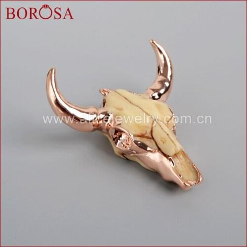 BOROSA OX Head bead ,Rose Golden Color Longhorn Cattle Charm Bead Buffle Resin Horn Cattle Pendant for Jewelry Accessories R0842
