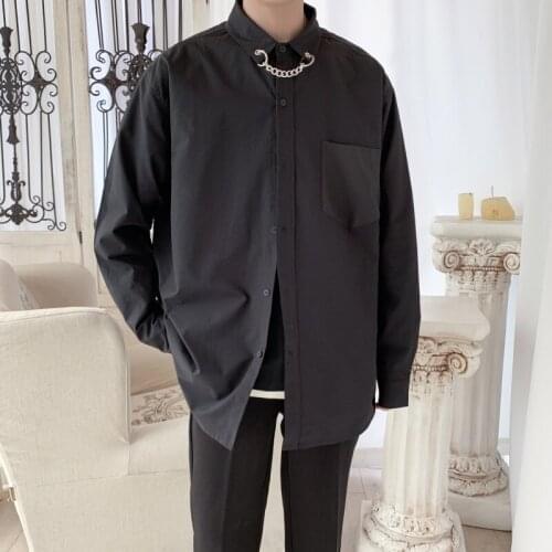 2021 Spring Autumn Japanese Streetwear Hip Hop Black Personalized Neckline Decorative Chain Loose Casual Stage Dress Shirt