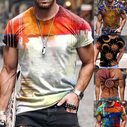 Short Sleeve Mens T-shirt 3d Printing Sun Moon Retro Fashion T-shirt Mens Collar Top Summer New Style Hombre Manga Corta