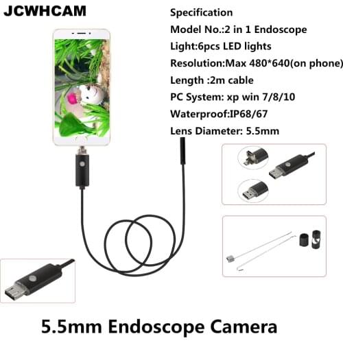 JCWHCAM 5.5MM Lens UVC/OTG USB Endoscope Android Camera IP68 Waterproof Tube Pipe USB Borescope For Android PC 2M Cable 3 Colors