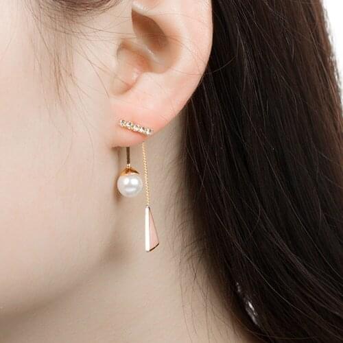 KaiMin 2021 Korean Fashion Flash Diamond Pearl Triangle Earrings Geometric Shape Back Hanging Earrings Jewelry Gifts Wholesale