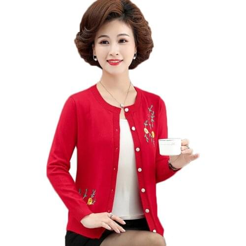 Womens Cardigan Sweater 2020 Autumn New Embroidered Sweater Middle-aged and Elderly Mother Thin Knit Cardigan Jacket 3XL H53