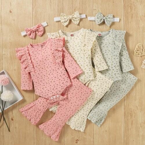 0-24M Newborn Baby Girls Clothes Set Floral Ruffled Long Sleeve Romper + Long Flared Pants + Bowknot Headband 3Pcs Autumn Outfit