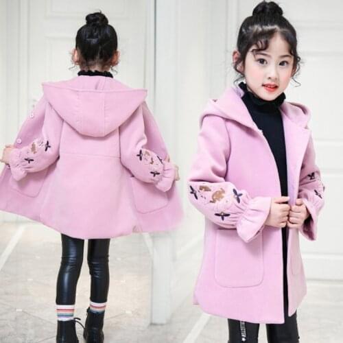 Childrens Jackets Flower Embroidery Kids Woolen Coats Fashion Covered Buttons Girl Outerwear Autumn Warm Clothes For Girls