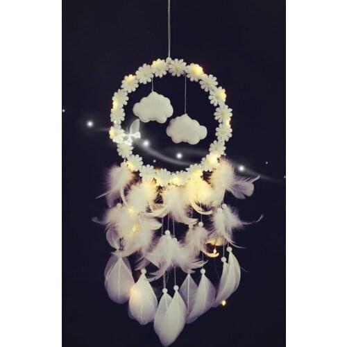 Dream Catcher Flower + Cloud Dreamcatcher 15cm Diameter With Led Lighting Girl Room Bedroom Romantic Hanging Feather Decoration