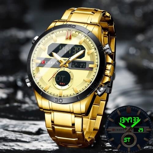 CURREN Fashion Sport Gold Mens Digital Watches with Stainless Steel Chronograph Luminou Wristwatch LED Male Wrist Watch For Men