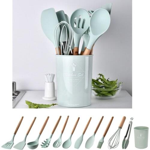 Non-stick Kitchen Cooking Utensil Set Food Tong Egg Whisk Wooden Handle