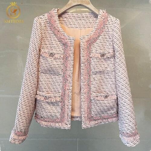 SMTHMA 2021 New Autumn And Winter Sequined Pink Tweed Woolen Jackets For Women Long Sleeve Tassel Outerwear chaqueta mujer