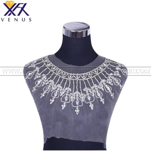 XFX 1 Pcs Handmade Sew on Silver Rhinestones Collar Crystal Applique Design Sewing for DIY Wedding Dress Neckband Quilt Trimming