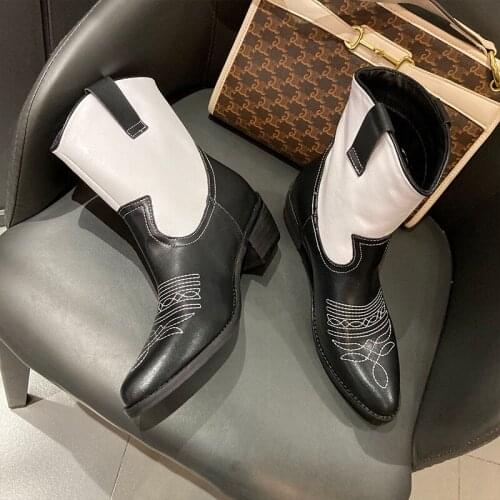 Women Boots Genuine Leather Short Boots shoes Autumn fashion Vintage embroidery Pointed toe Slip-On Ladies boots