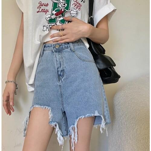 Shnsophi Blue Denim Shorts Summer Women Wide Leg High Waist Streetwear Female Loose Retro Hole TasselVintage Lady Jeans Shorts