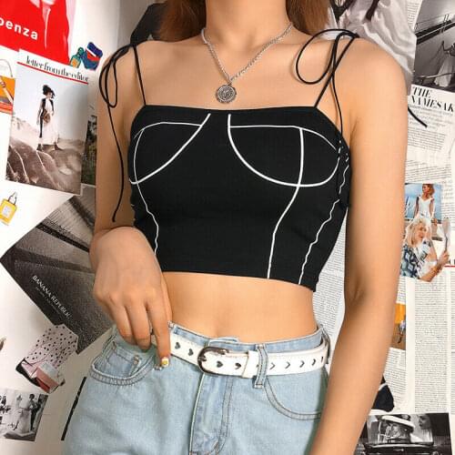2019 Women Sexy White Stripe Crop Top Stylish Spaghetti Strap Bustier Top Summer White Line Sleeveless High Street Short Camis