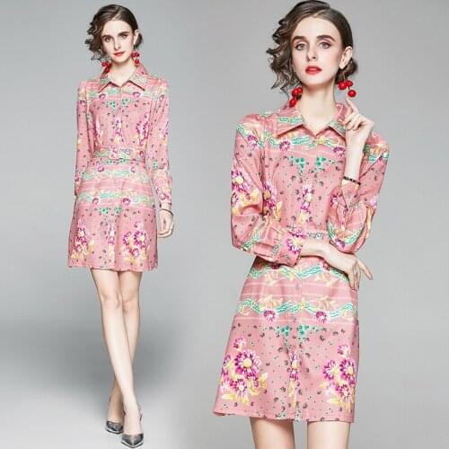 Pink Floral Print Mini Dress 2021 Long Sleeve Spring/Autumn Fashion Belted Tunic Slim Vintage Big Shirt Dress Europe and America