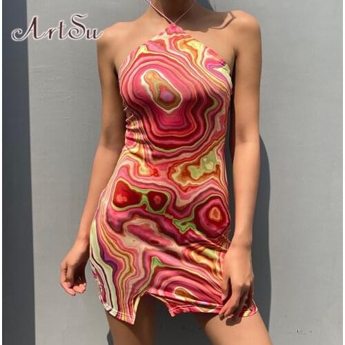 ArtSu Halter Mini Dress Summer Sexy Party Backless Bodycon A-Line Dress Women Beach Sleeveless Bodycon Sundress Ladies DR52476