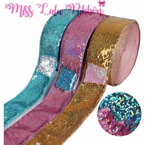 3"75mm Double Color Reversible Sequin Ribbon Hologram Silver Blue DIY Wedding Gift Bowknot Hair Band Making 25yards/roll