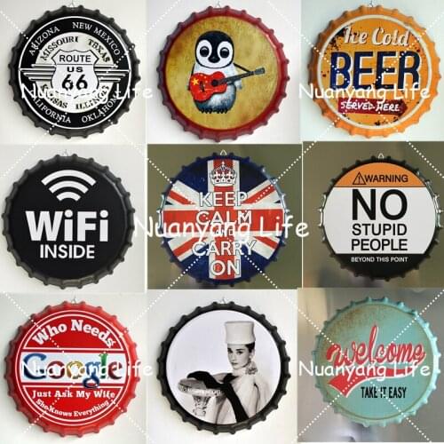 35CM Beer Bottle Cap Retro Plaque Metal Tin Signs Cafe Bar Pub Signboard Wall Decor Vintage Nostalgia Round Plates Art Poster