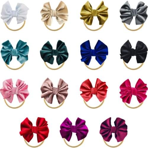 15pcs/lot Soft Velvet Fabric Hair Bows With Nylon Hair Bands For Baby Girls Hair Accessories Boutiques Elastic Headband