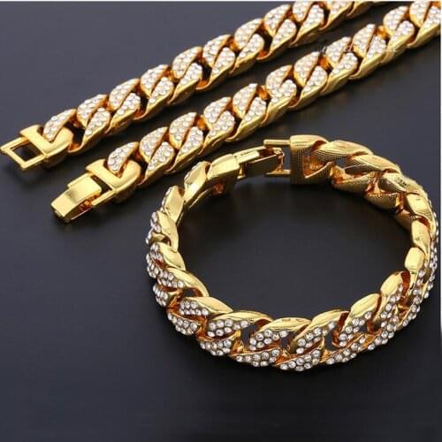 Beichong Fashion Hip Hop Jewelry Gold Bling Full Rhinestone Miami Cuban Necklaces & Bracelets Sets Gifts Women Men Charm Chains