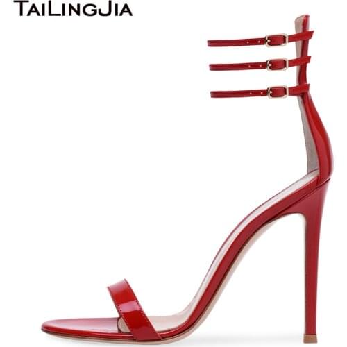 Shiny Red Sexy High Heel Women Sandals Ladies Heeled Summer Shoes Evening Dress Stiletto Heels Patent Leather Ankle Straps