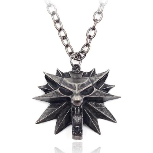Cosplay Wild Hunt 3 Wizard Figure Wolf Head Medallion Pendant Necklace Game Geralt Animal Metal Chains Necklace