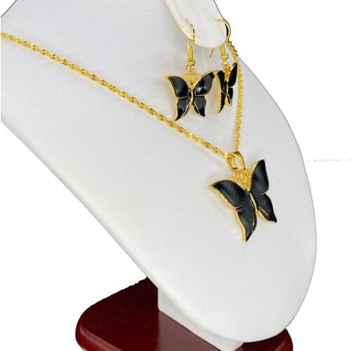 Black Butterfly Jewelry Sets Ethiopian Pendant Chain Neckalces Earrings Ring for Women Girls African Party Gifts