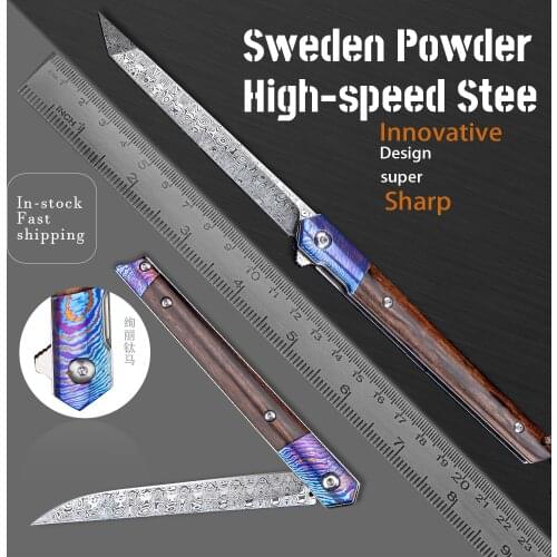 Damascus CEO Folding Knife with Leather Sheath Ironwood and Timascus Handle Japanese Style EDC Knives for Outdoors Self Defense