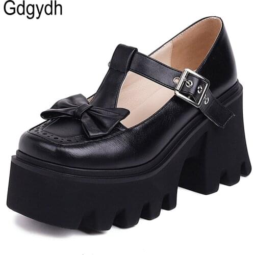 Gdgydh Japanese Style Vintage Soft Sister Girls High Heels Shoes T Strap Women Pumps Bowknot Buckle Platform Student Shoes