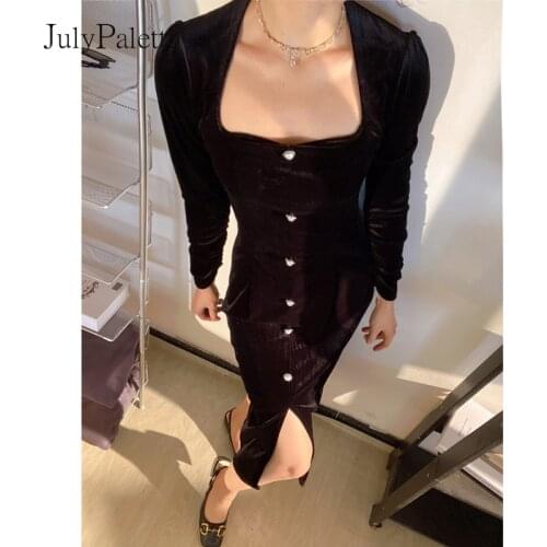 JulyPalette Black Elegant Women Long Sleeve Velvet Dress Sexy Front Split Bodycon Ladies Long Dress French Hepburn Party Dress