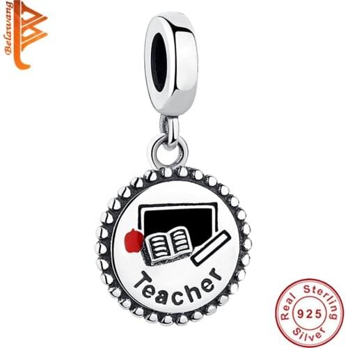 Wholesale Round shape 925 Sterling Silver Enamel Teacher DIY Bead Fit Original Pandora Charm Bracelet Teachers Day Gift