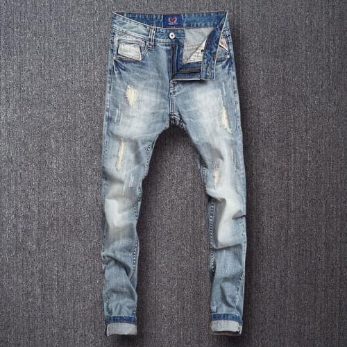Korean Style Fashion Men Jeans Retro Light Blue Slim Fit Ripped Jeans Men Embroidery Designer European Street Denim Punk Pants