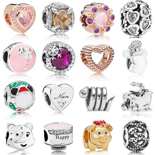 NEW 100% 925 Sterling Silver 1:1 Cute Animal Golden Pig Rose Gold Heart Shaped Snake Charm Fit DIY Original Bracelet Jewelry