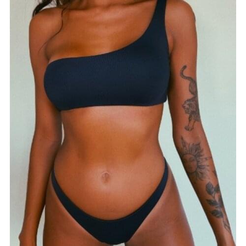 Solid Bikinis 2021 Mujer Women Swimwear Women Push-up Padded Bra One Shoulder Bikini Set Sexy Swimsuit E Swimwear Bathing #G3