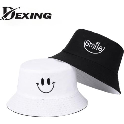 Summer Embroidery Smile Bucket Hat Women Men Fashion Two Sided Outdoor Shade Travel Sun Hat Fisherman Hat Panama
