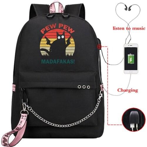 Pew Pew Madafakas Backpack for Women School Bag Teenager Girls Bags Female Harajuku Backpack USB Charger Daily Travel Back Pack